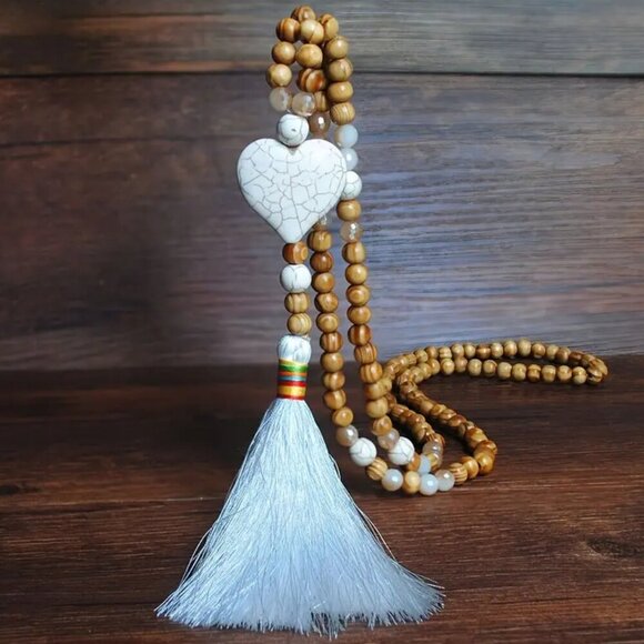 Handmade Boho Tassel Necklace with Wooden Beads & Heart – 34.5” Long #1508 - Picture 1 of 9